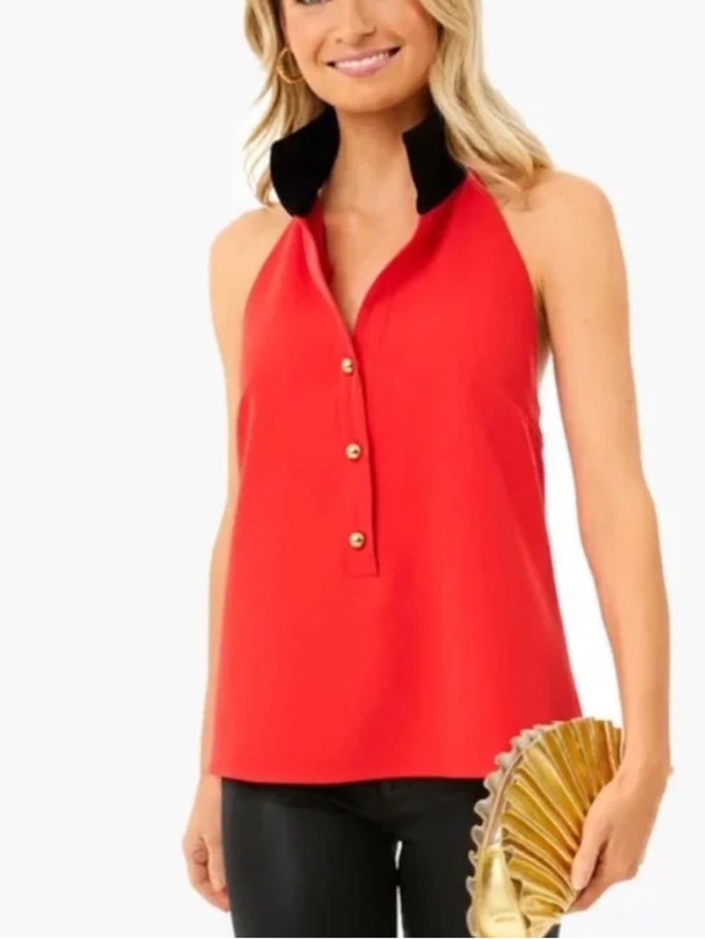 Tuckernuck Jagger Halter Button Up Sleeveless Blouse in red Small
